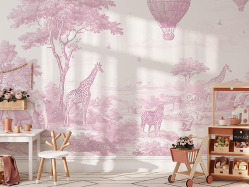Pink Safari Animals Toile Wallpaper: Peel and Stick Wall Mural