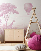 Pink Safari Animals Toile Wallpaper: Peel and Stick Wall Mural - View 3