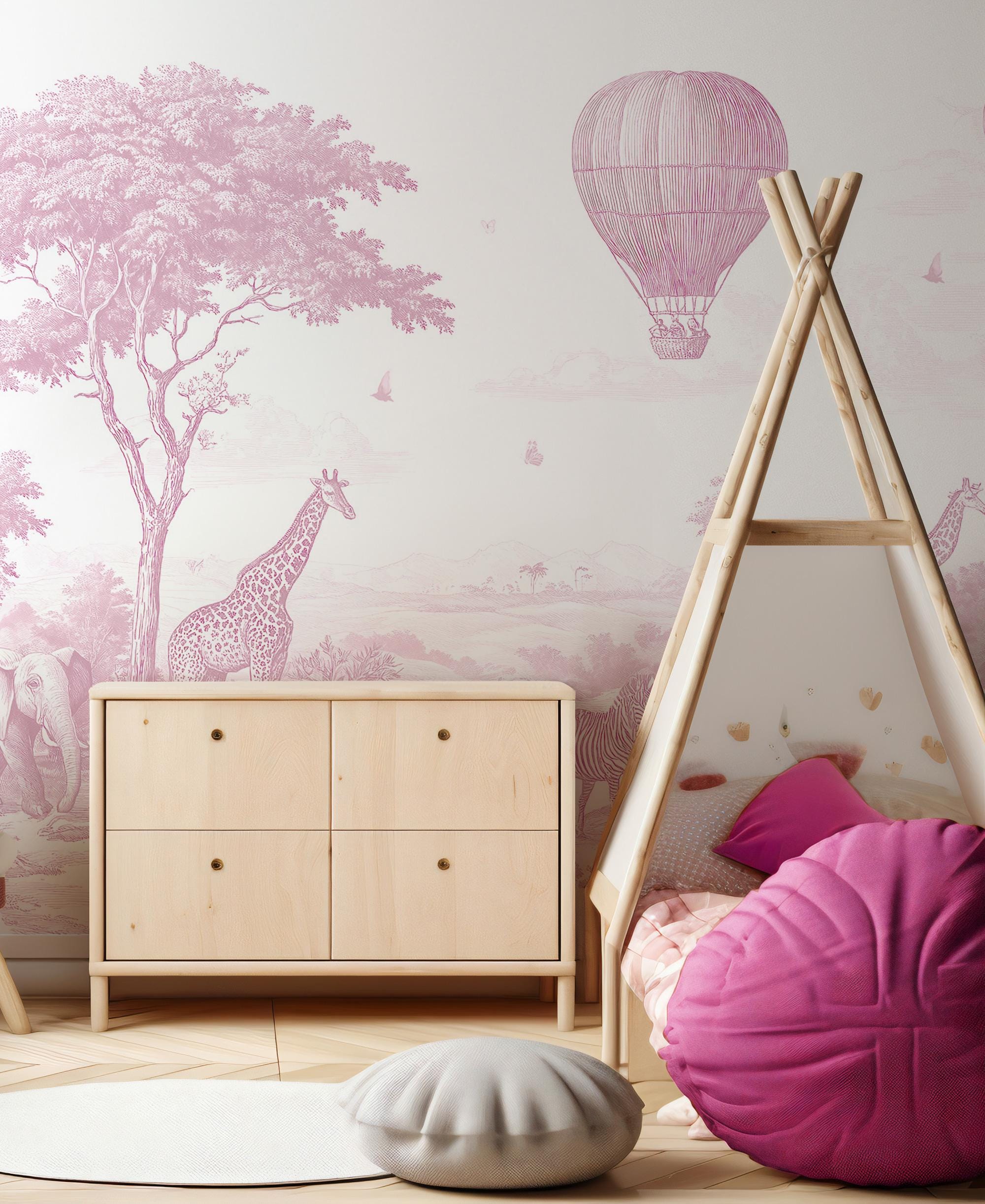 Pink Safari Animals Toile Wallpaper: Peel and Stick Wall Mural - View 3