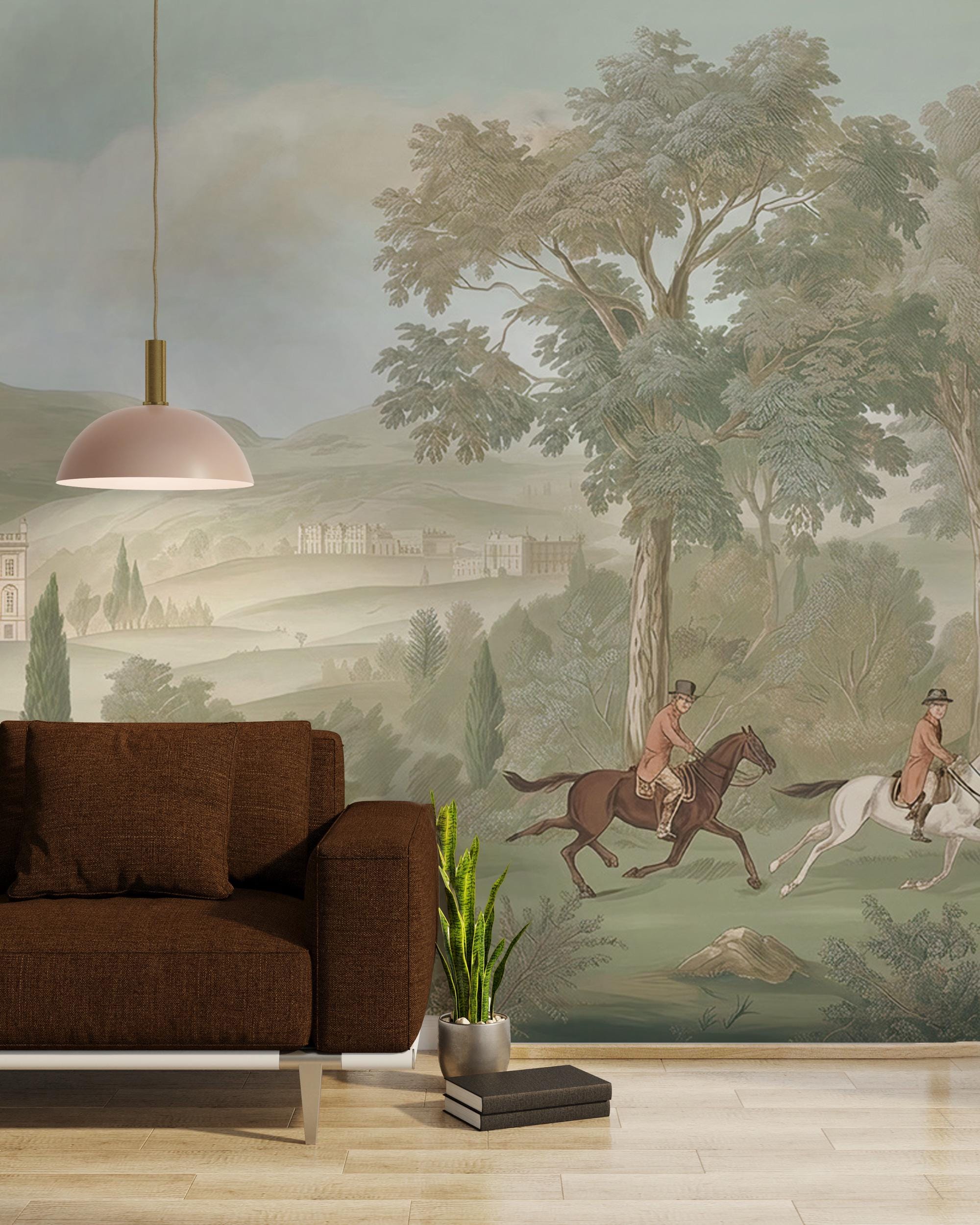 Vintage English Countryside Equestrian Landscape Wallpaper: Peel and Stick Wall Mural - View 4