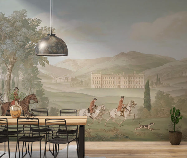 Vintage English Countryside Equestrian Landscape Wallpaper: Peel and Stick Wall Mural