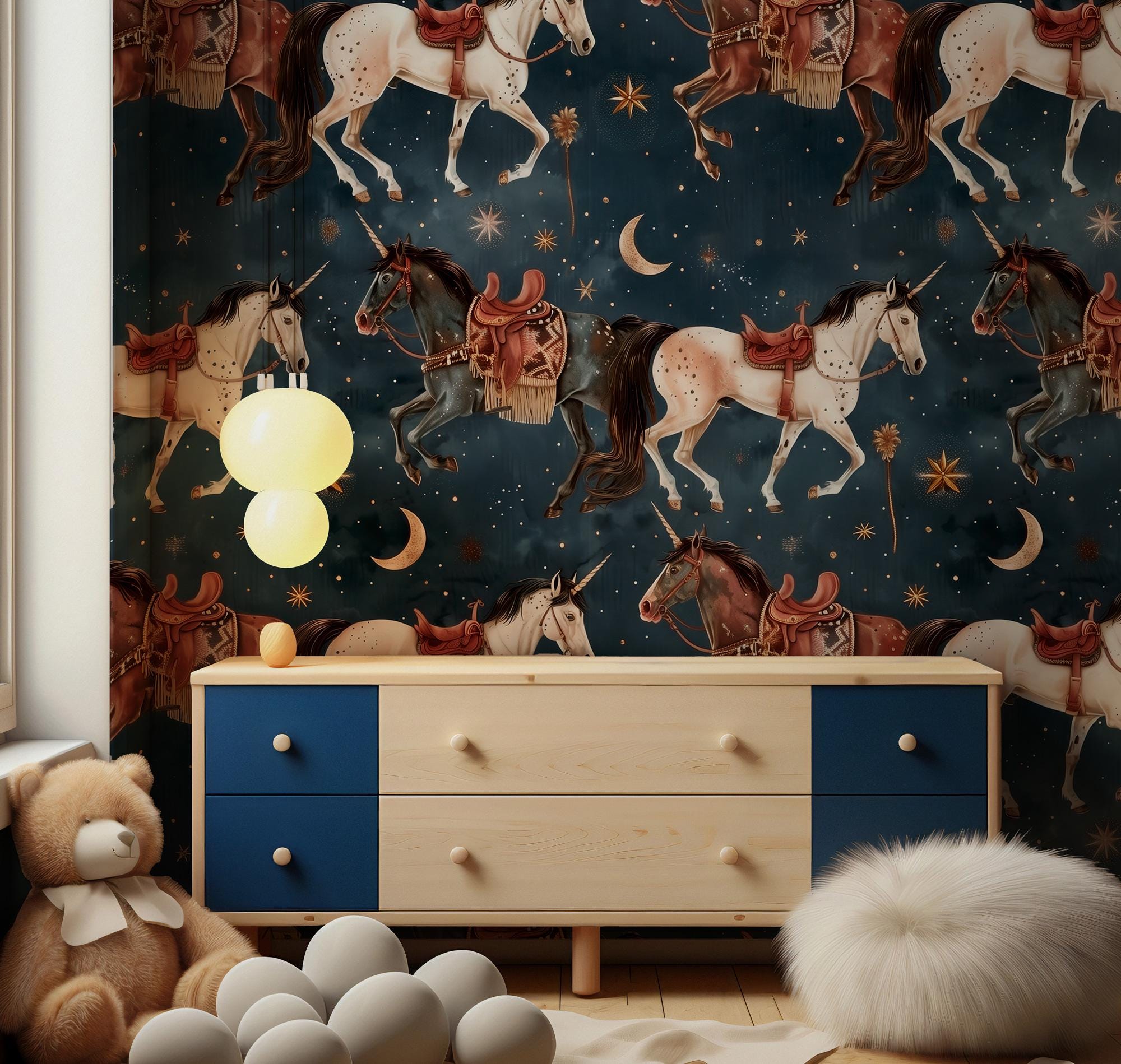 Unicorn Horse Kids Wallpaper with Stars and Moon: Peel and Stick Wall Mural - View 3