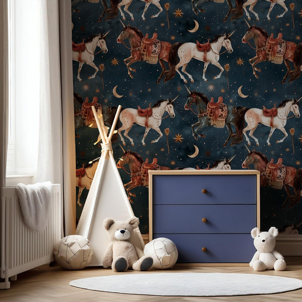 Unicorn Horse Kids Wallpaper with Stars and Moon: Peel and Stick Wall Mural