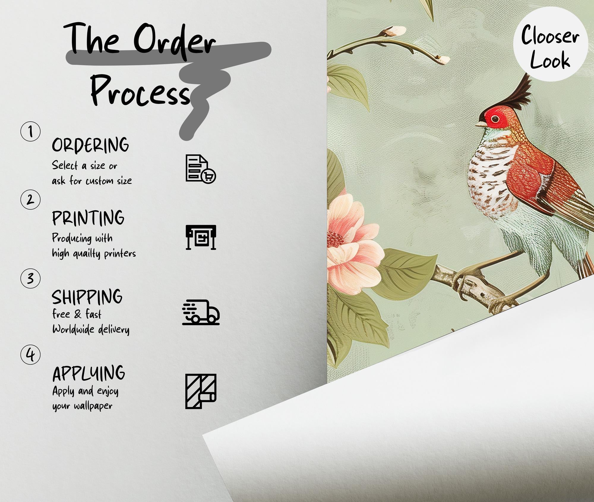 Vintage Chinoiserie Bird Floral Wallpaper: Sage Green Blossom Peel and Stick Wall Mural - View 6