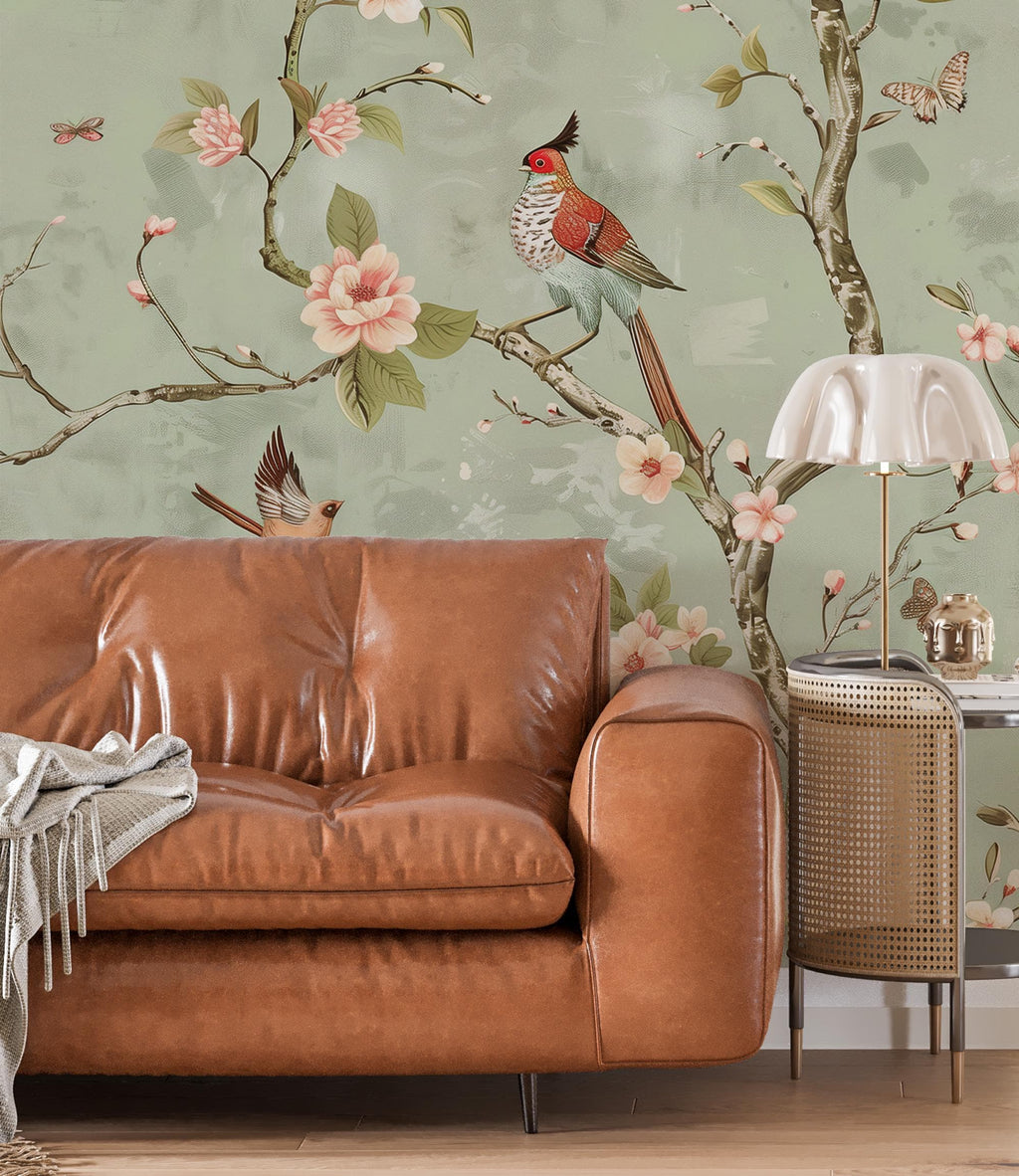 Vintage Chinoiserie Bird Floral Wallpaper: Sage Green Blossom Peel and Stick Wall Mural - View 4