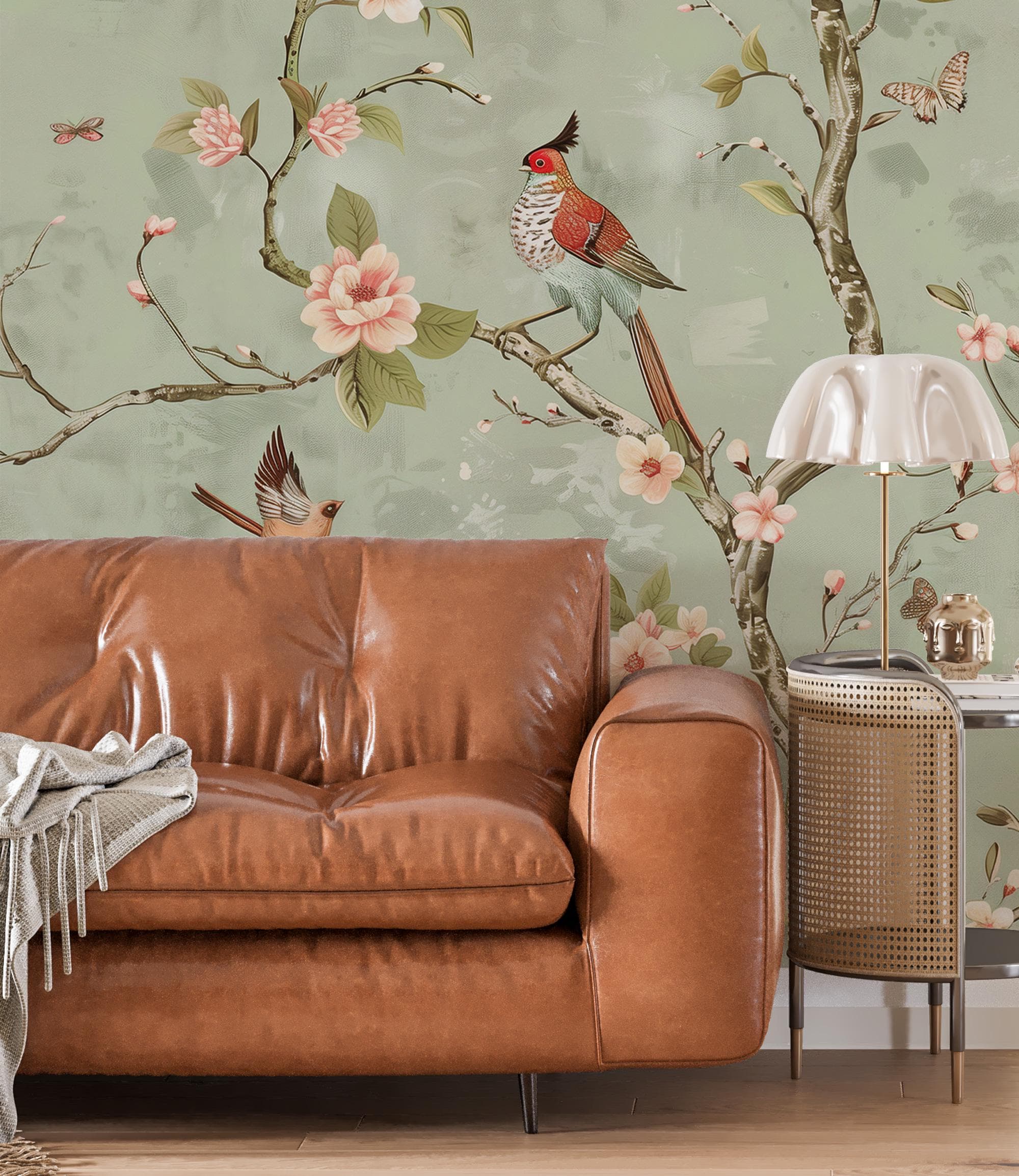 Vintage Chinoiserie Bird Floral Wallpaper: Sage Green Blossom Peel and Stick Wall Mural - View 4
