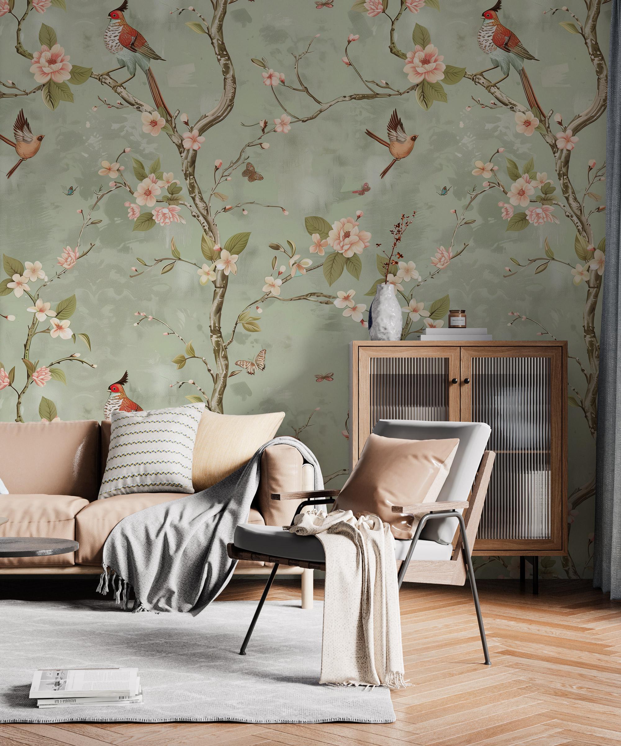 Vintage Chinoiserie Bird Floral Wallpaper: Sage Green Blossom Peel and Stick Wall Mural - View 5