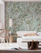 Sage Green Chinoiserie Bird Wallpaper: Cherry Blossom Branch Peel and Stick Wall Mural - View 5