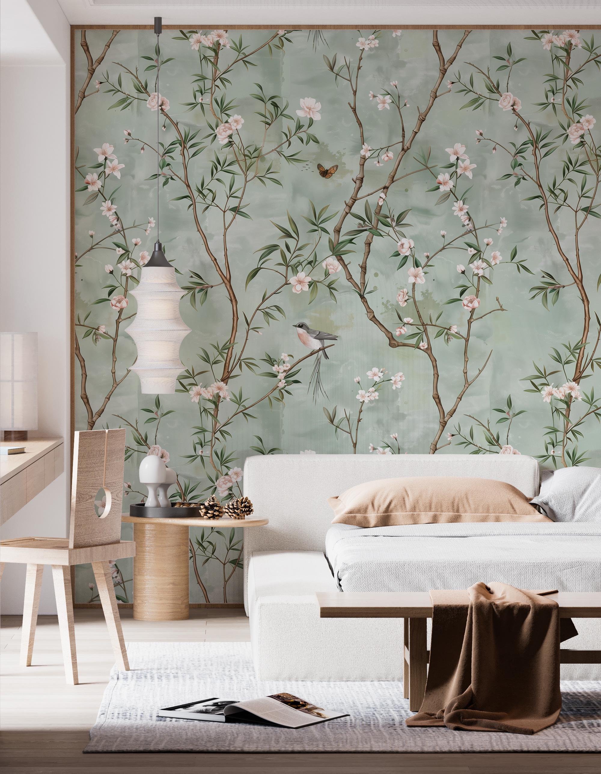 Sage Green Chinoiserie Bird Wallpaper: Cherry Blossom Branch Peel and Stick Wall Mural - View 5