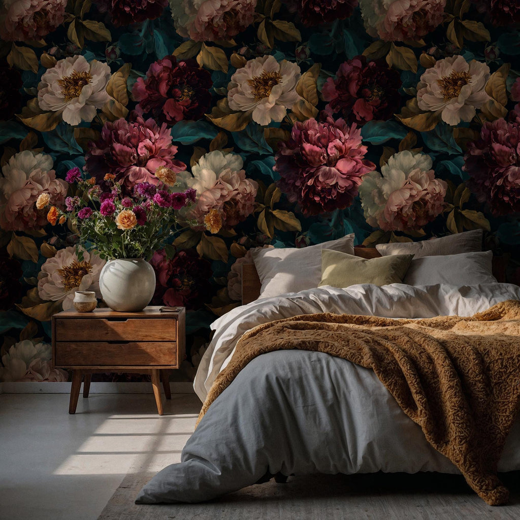 Dark Peony Floral Wallpaper: Vintage Flower Peel and Stick Wall Mural - View 2
