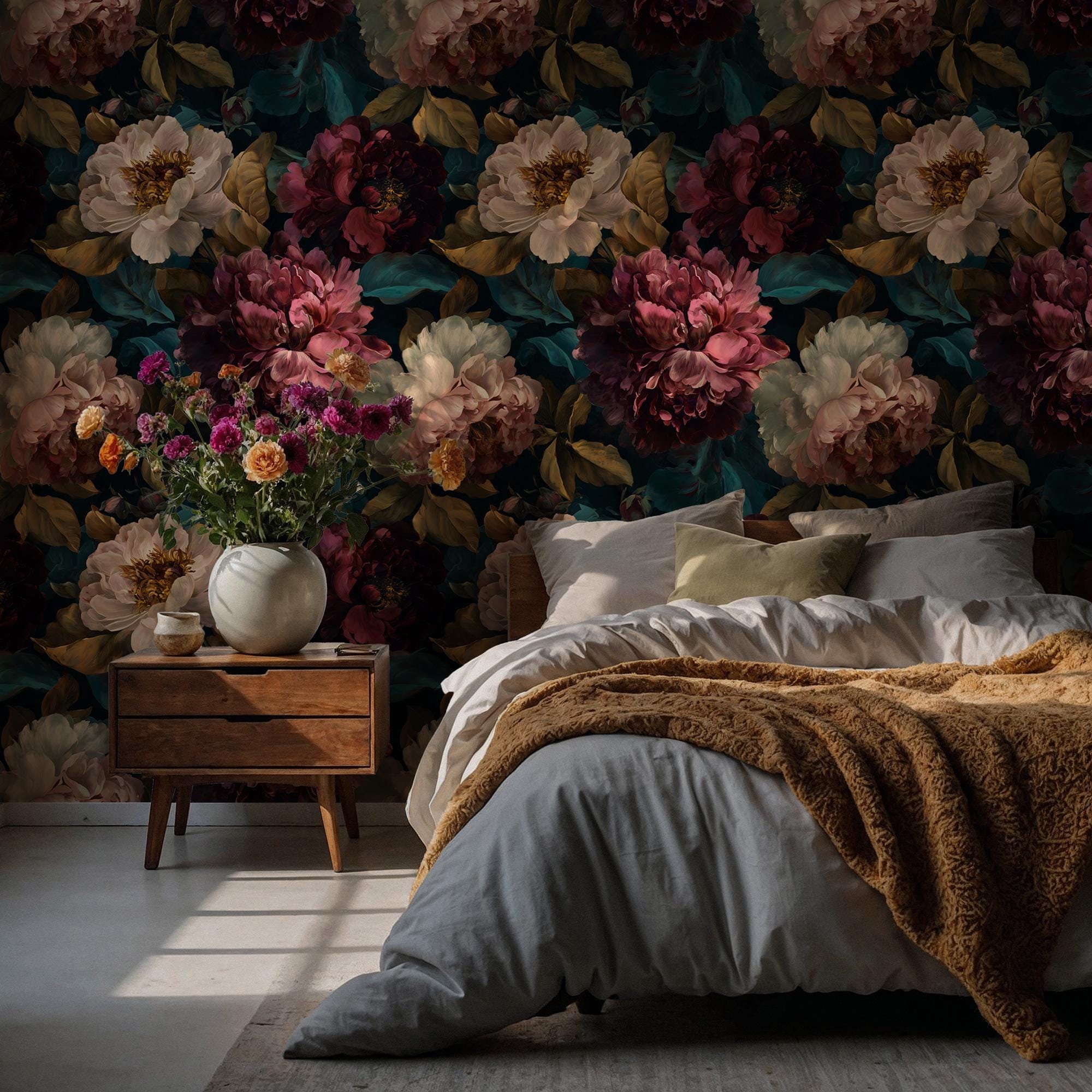 Dark Peony Floral Wallpaper: Vintage Flower Peel and Stick Wall Mural - View 2