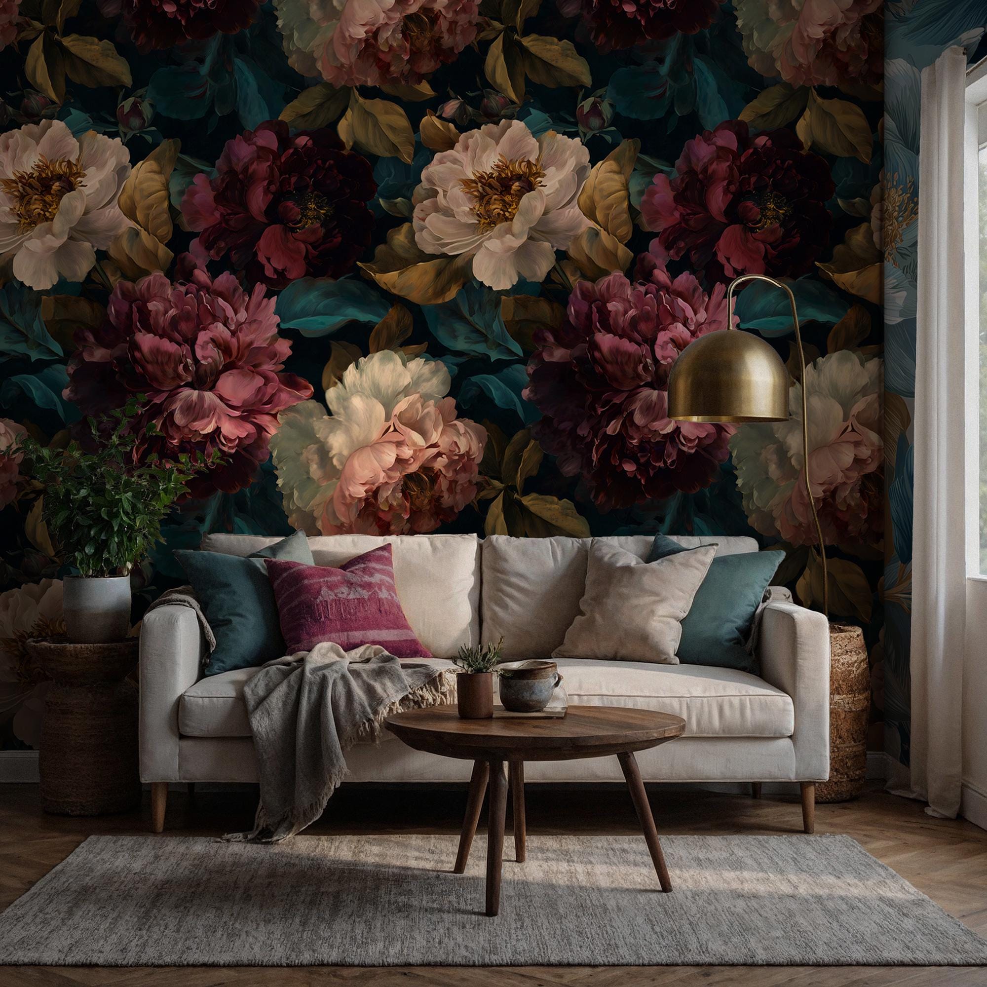 Dark Peony Floral Wallpaper: Vintage Flower Peel and Stick Wall Mural - View 3