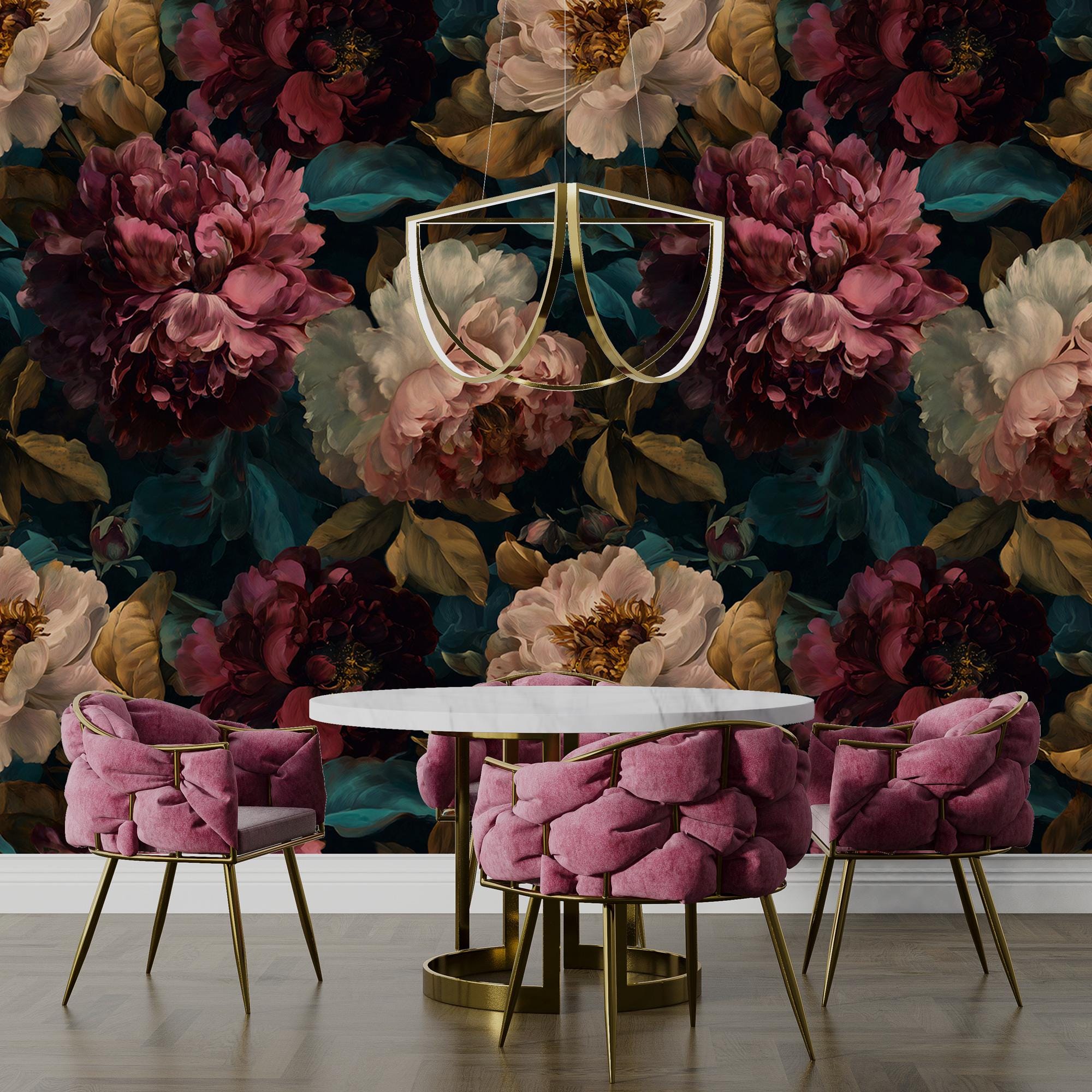 Dark Peony Floral Wallpaper: Vintage Flower Peel and Stick Wall Mural - View 5
