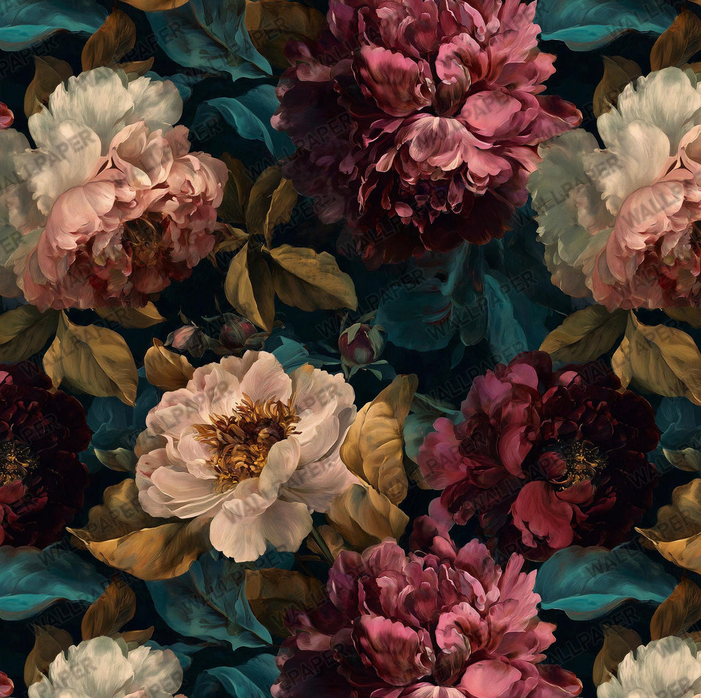 Dark Peony Floral Wallpaper: Vintage Flower Peel and Stick Wall Mural - View 6
