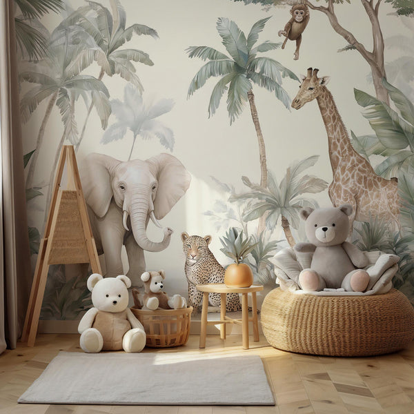 Safari Animals Nursery Wallpaper: Jungle Peel and Stick Wall Mural
