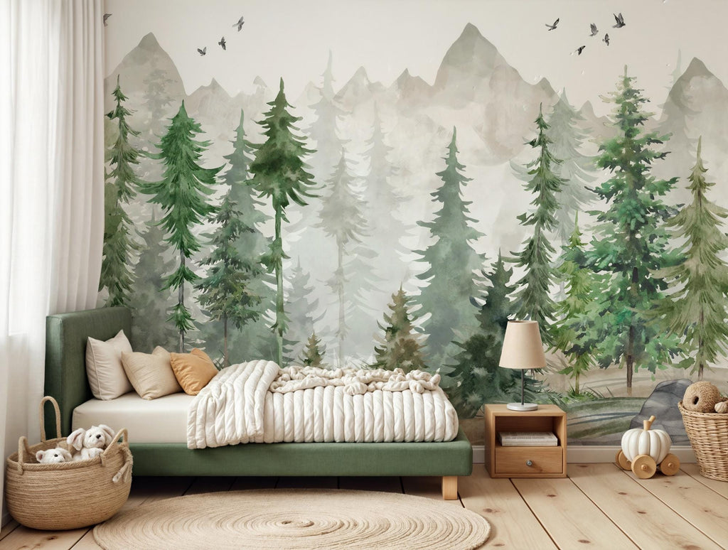 Forest Mountain Wallpaper: Kids Room Peel & Stick Wall Mural - View 6