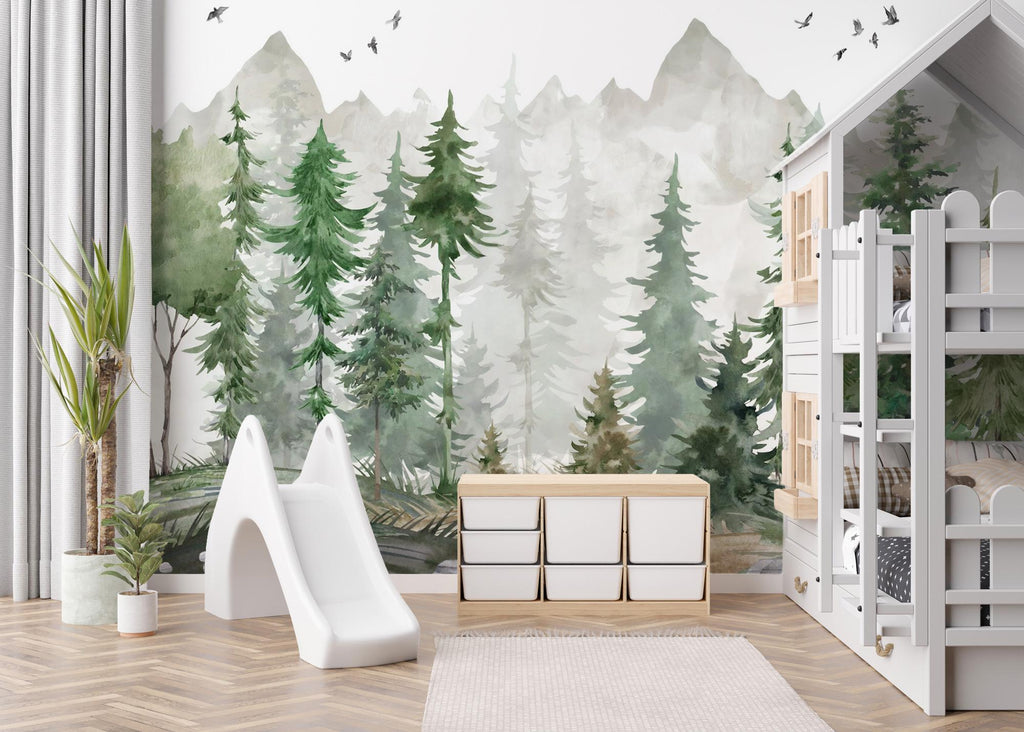 Forest Mountain Wallpaper: Kids Room Peel & Stick Wall Mural - View 5