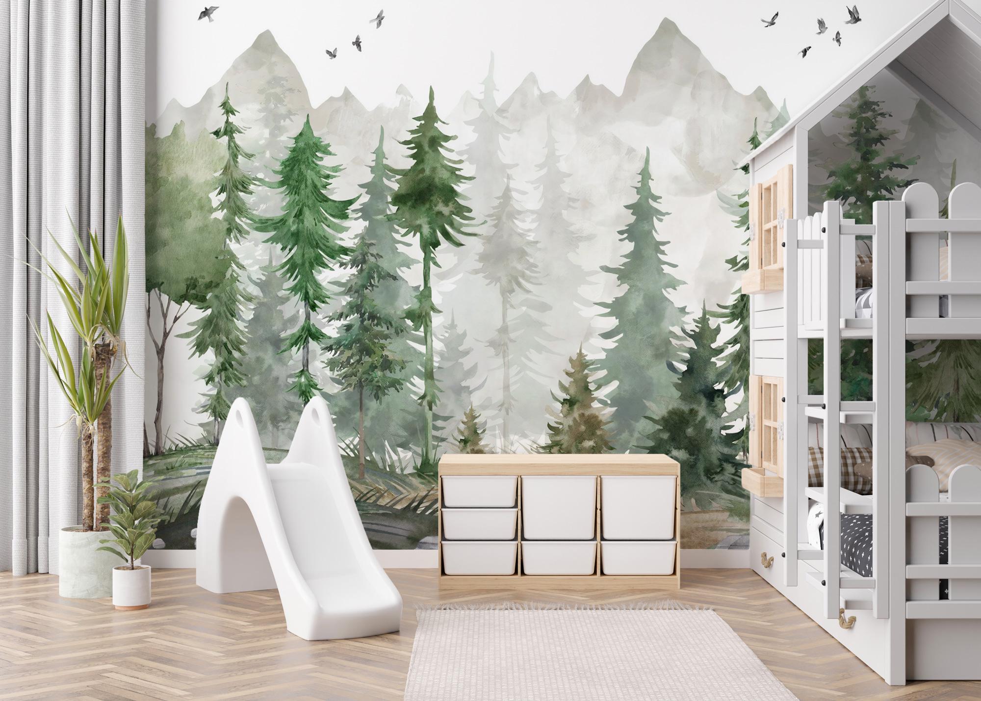 Forest Mountain Wallpaper: Kids Room Peel & Stick Wall Mural - View 5