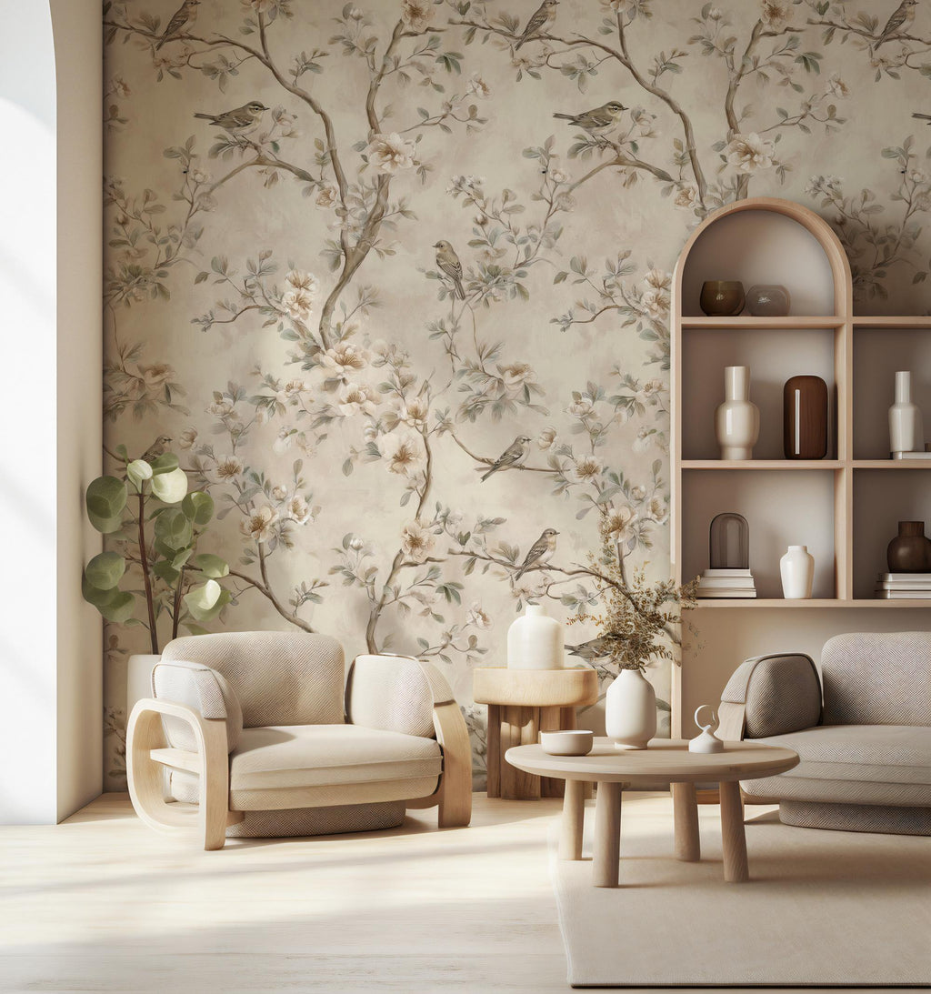 Vintage Floral Bird Wallpaper: Peel and Stick Wall Mural - View 2