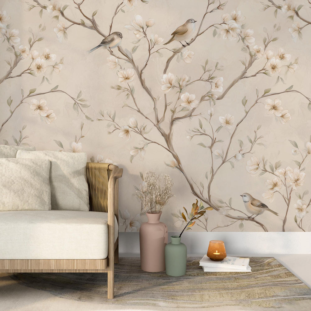 Neutral Floral Bird Wallpaper: Peel and Stick Wall Mural - View 3