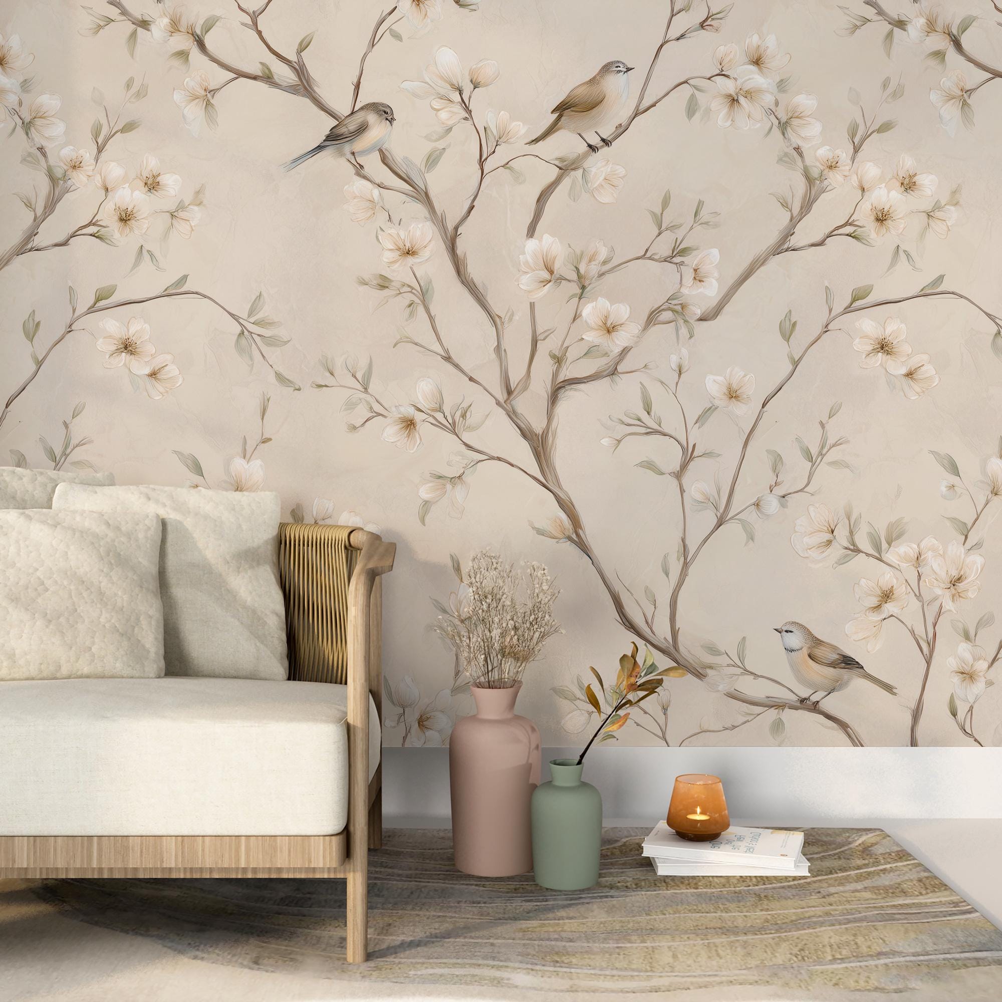 Neutral Floral Bird Wallpaper: Peel and Stick Wall Mural - View 3