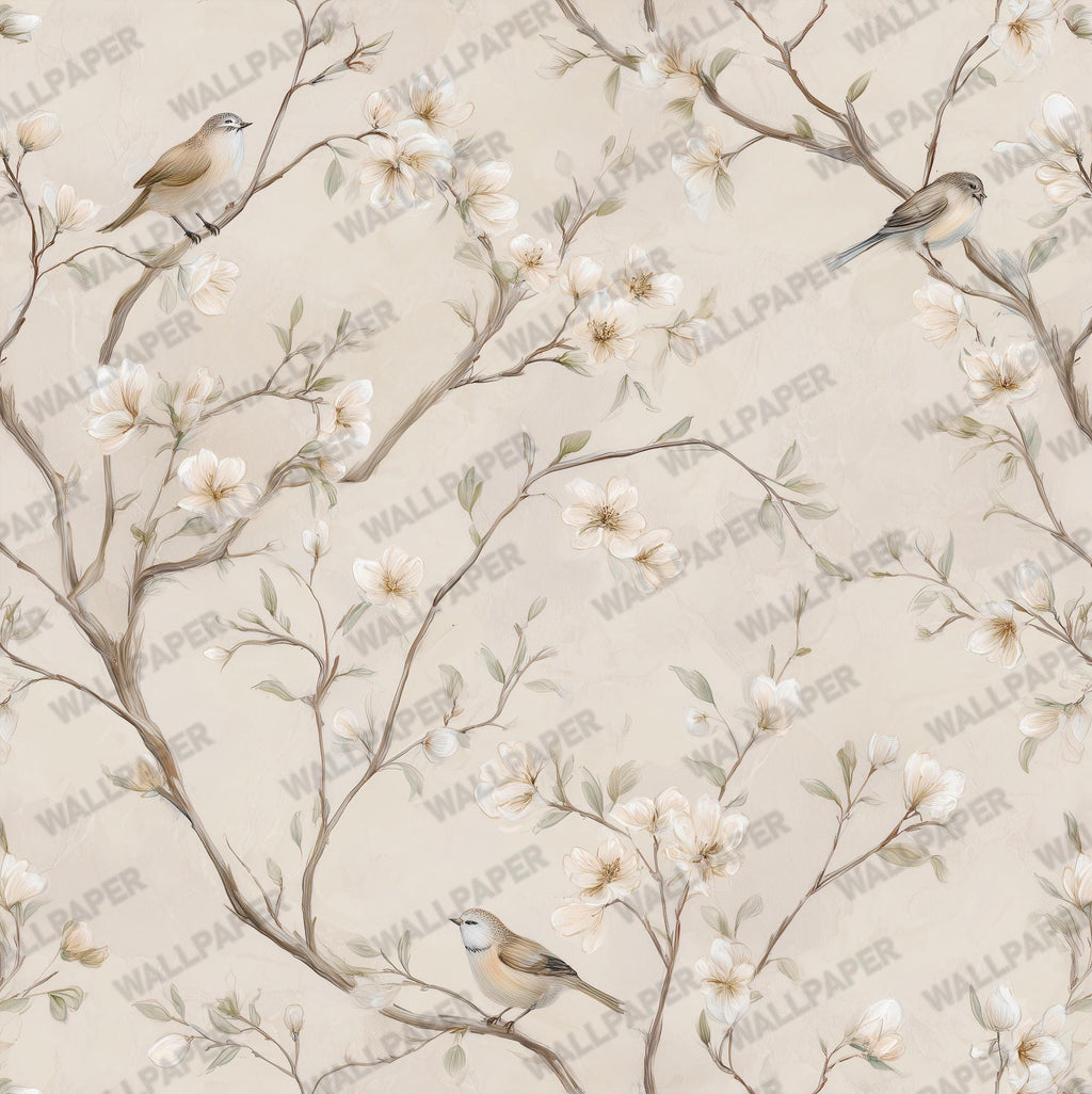 Neutral Floral Bird Wallpaper: Peel and Stick Wall Mural - View 6