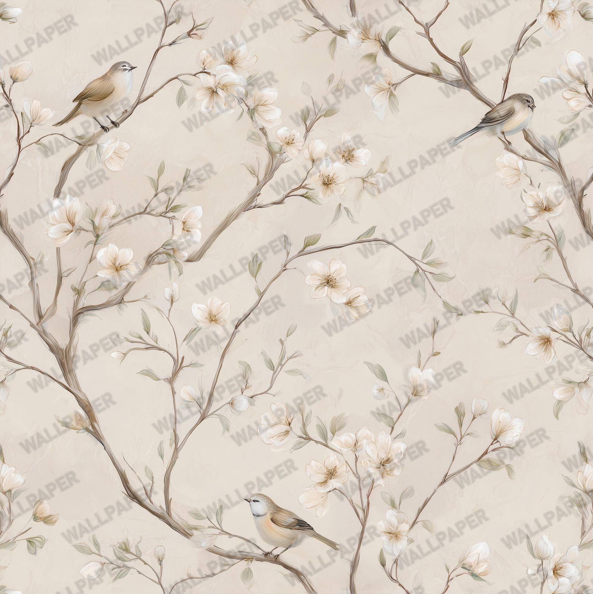Neutral Floral Bird Wallpaper: Peel and Stick Wall Mural - View 6