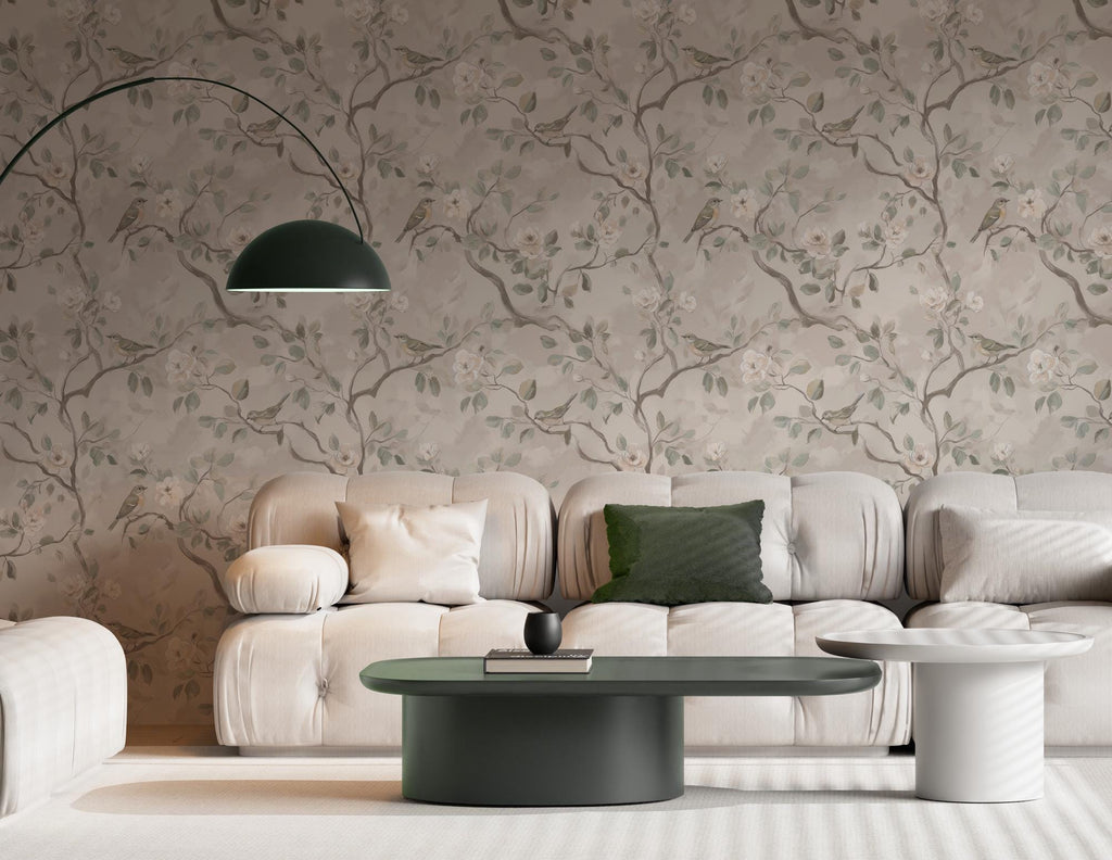 Beige Floral Bird Wallpaper: Peel and Stick Wall Mural - View 2
