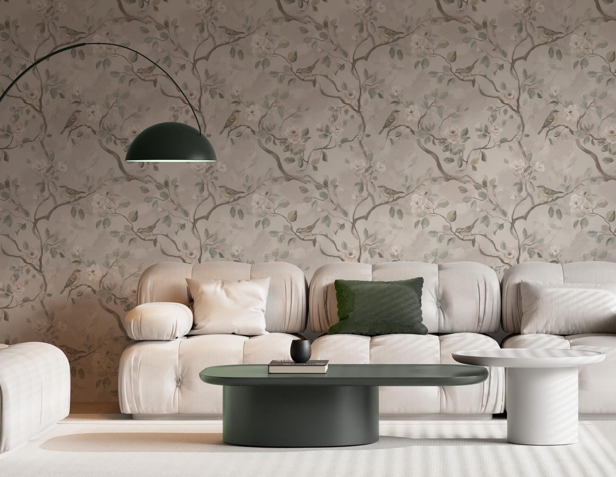 Beige Floral Bird Wallpaper: Peel and Stick Wall Mural - View 2