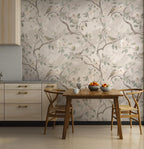 Beige Floral Bird Wallpaper: Peel and Stick Wall Mural - View 4