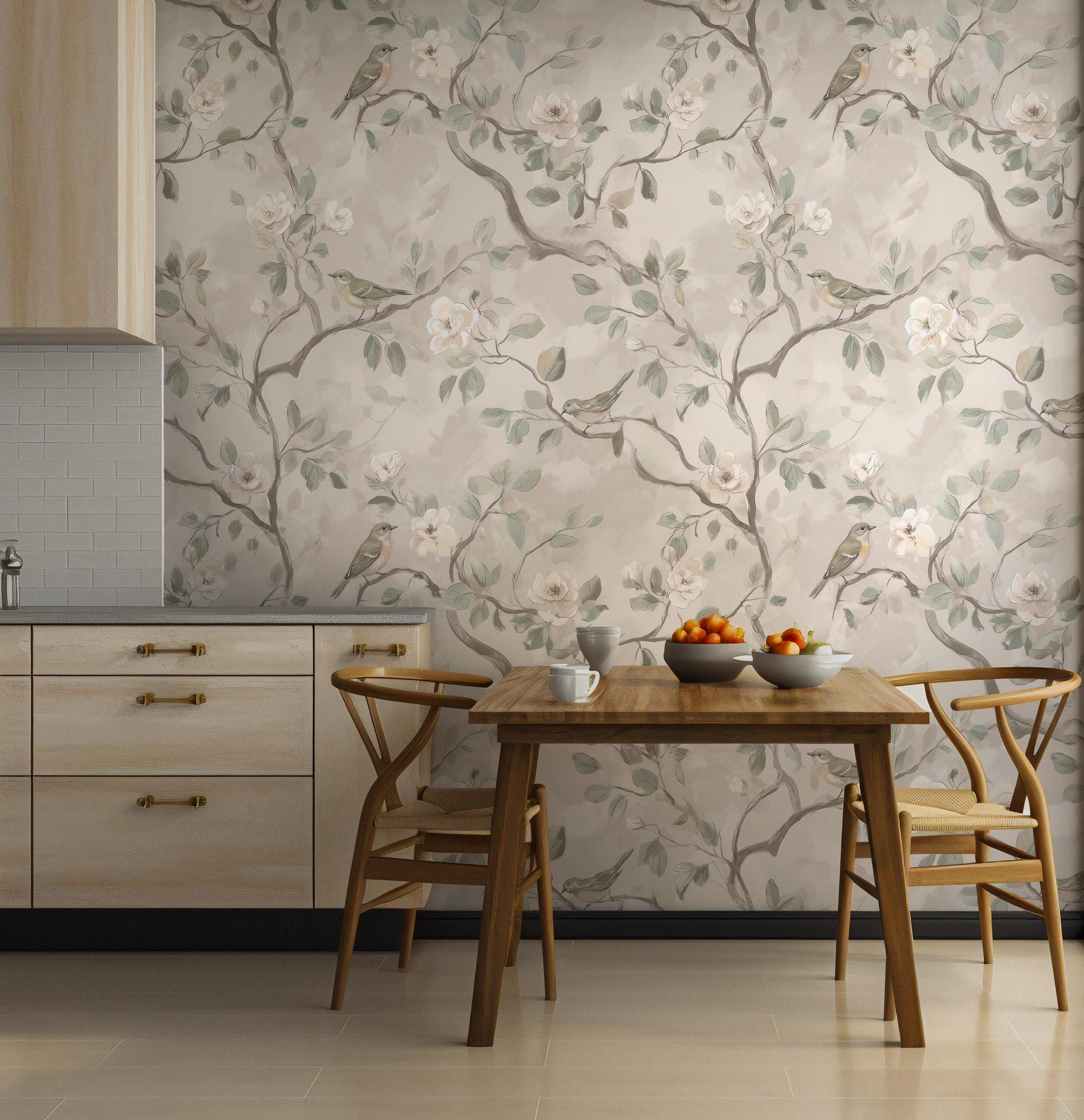Beige Floral Bird Wallpaper: Peel and Stick Wall Mural - View 4