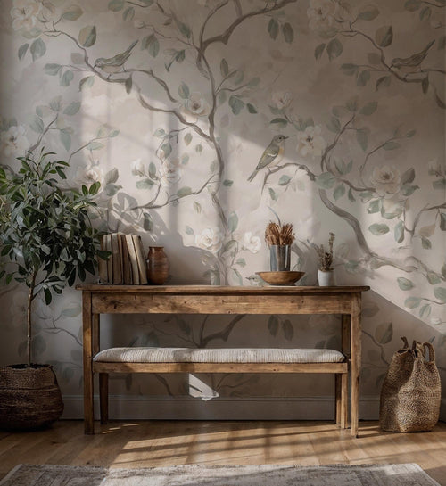 Beige Floral Bird Wallpaper: Peel and Stick Wall Mural