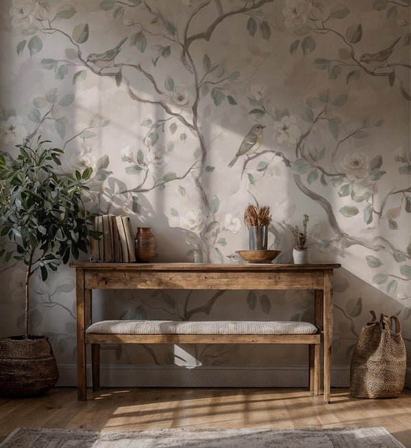 Beige Floral Bird Wallpaper: Peel and Stick Wall Mural