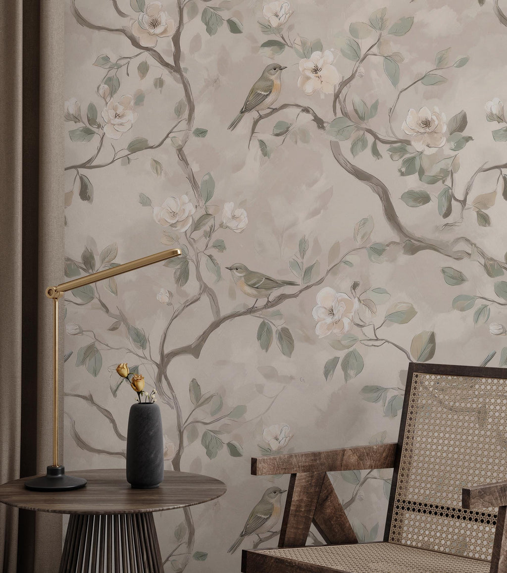 Beige Floral Bird Wallpaper: Peel and Stick Wall Mural - View 3