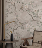 Beige Floral Bird Wallpaper: Peel and Stick Wall Mural - View 3