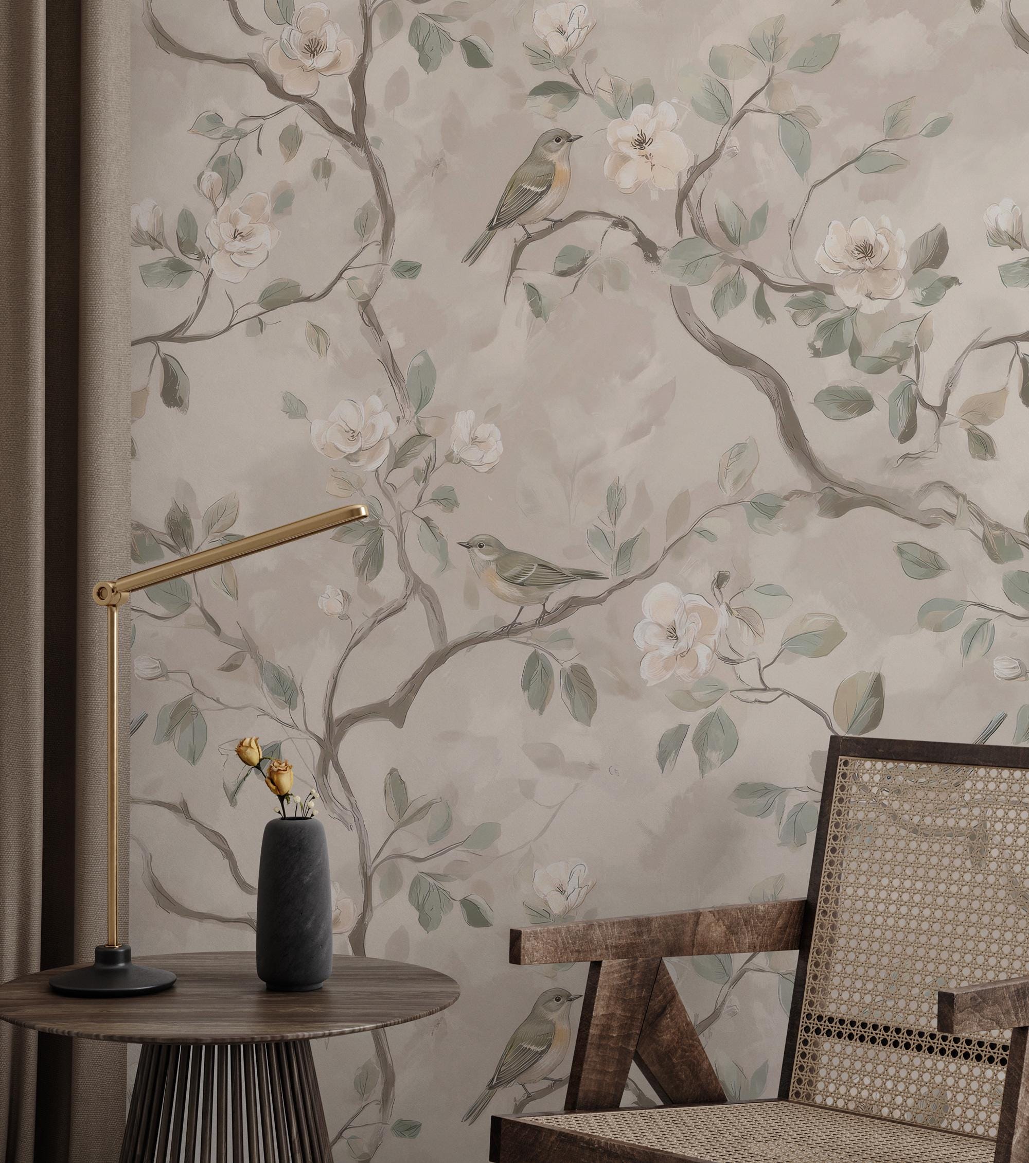 Beige Floral Bird Wallpaper: Peel and Stick Wall Mural - View 3