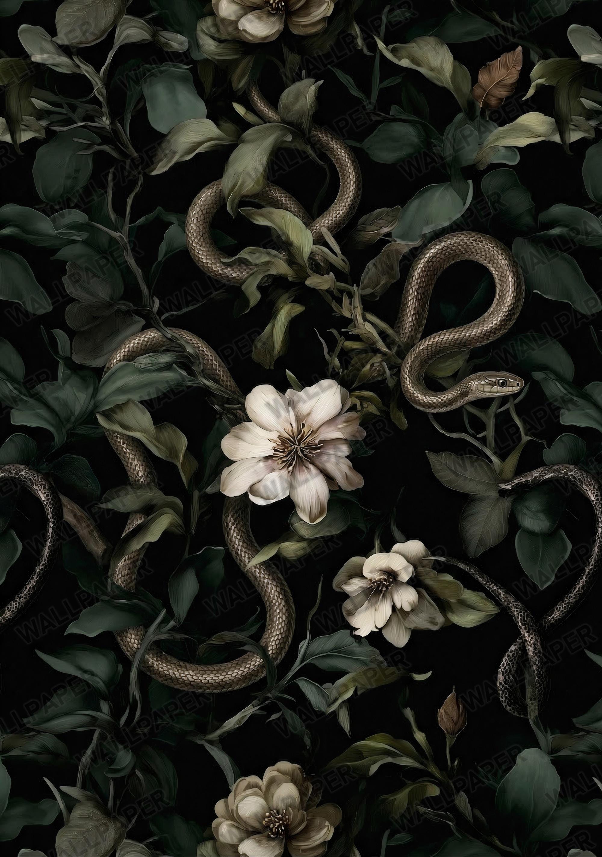Dark Floral Snake Wallpaper: Gothic Botanical Removable Decor Peel and Stick Wall Mural - View 2