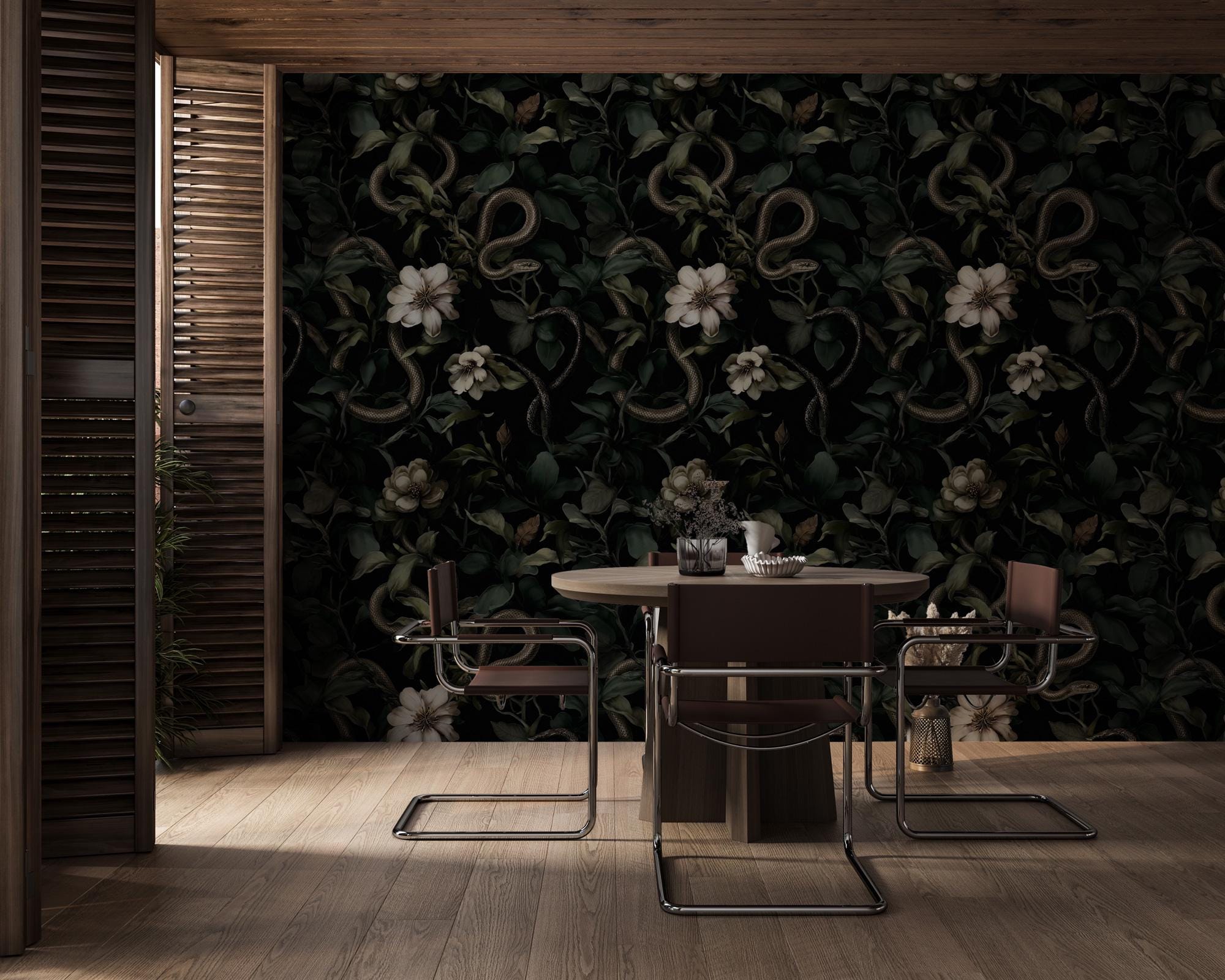 Dark Floral Snake Wallpaper: Gothic Botanical Removable Decor Peel and Stick Wall Mural - View 5
