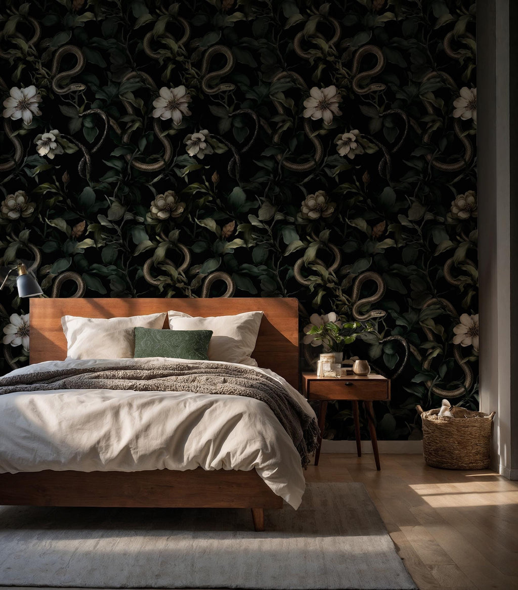 Dark Floral Snake Wallpaper: Gothic Botanical Removable Decor Peel and Stick Wall Mural - View 6