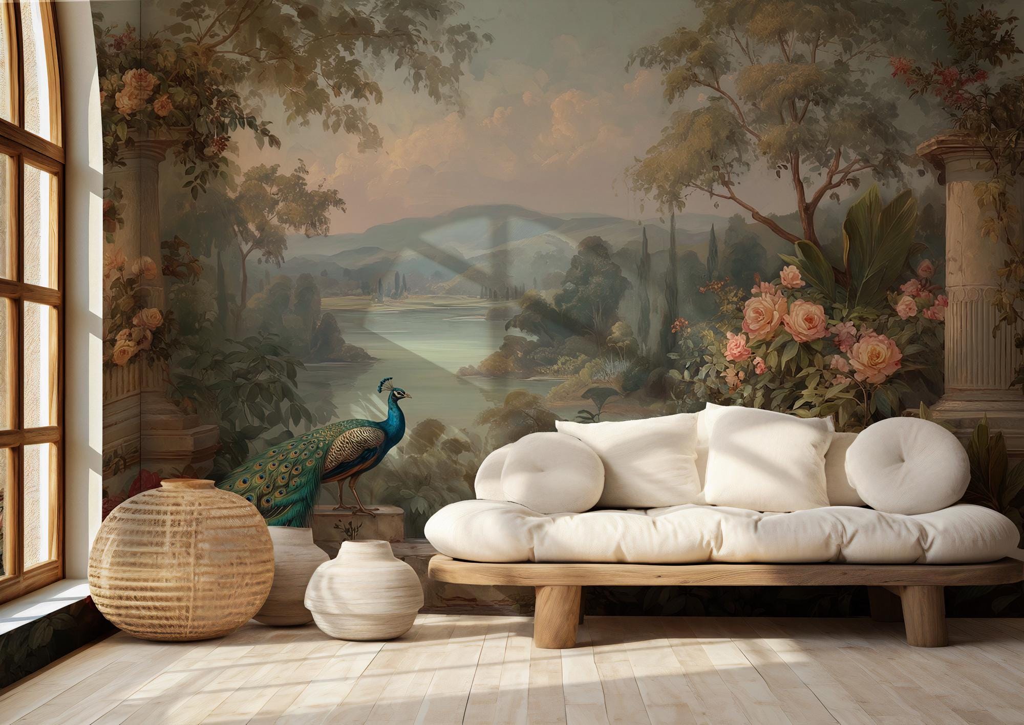 Peacock Garden Landscape Wallpaper: Vintage Floral Peel and Stick Wall Mural - View 2