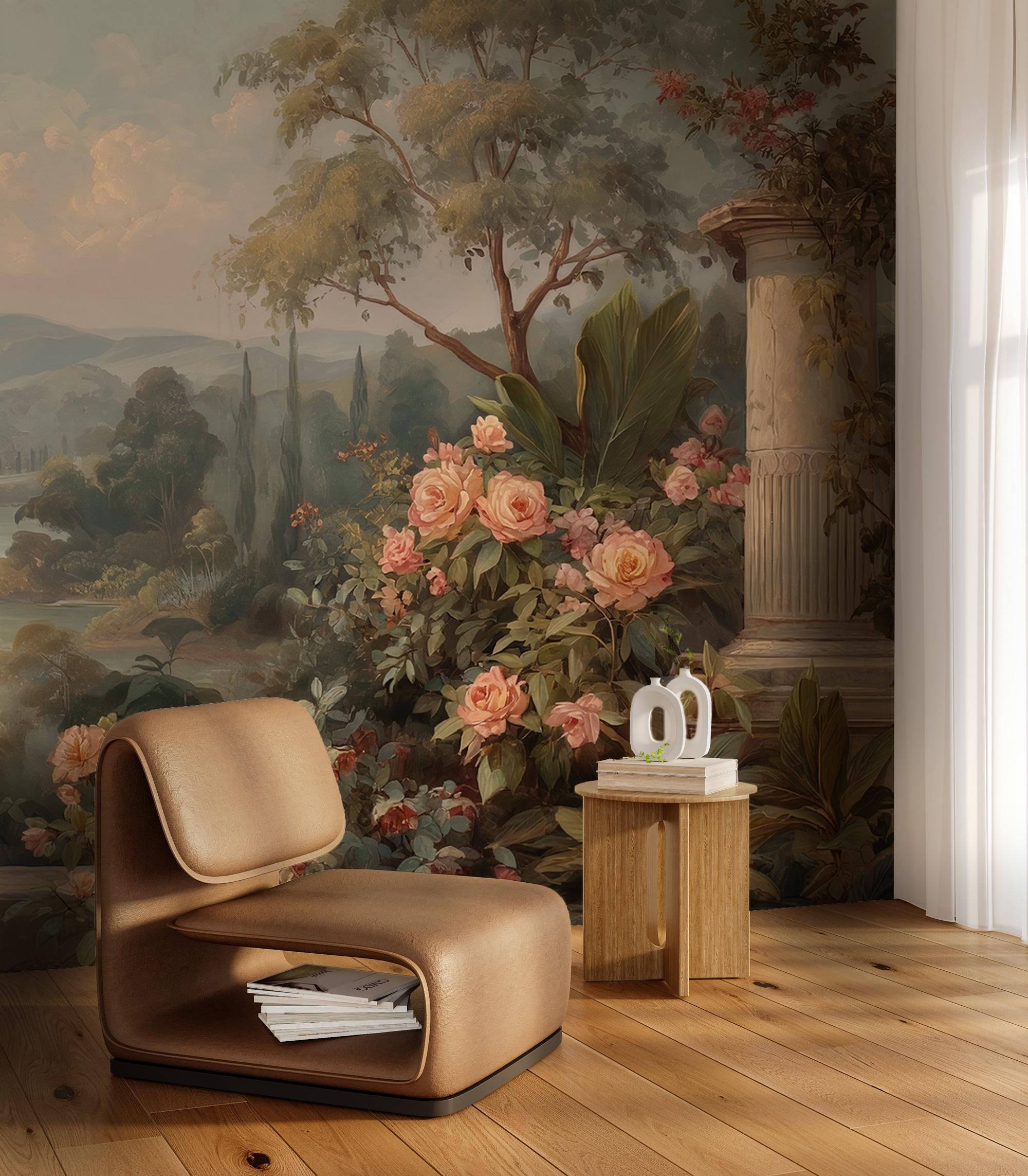 Peacock Garden Landscape Wallpaper: Vintage Floral Peel and Stick Wall Mural - View 4