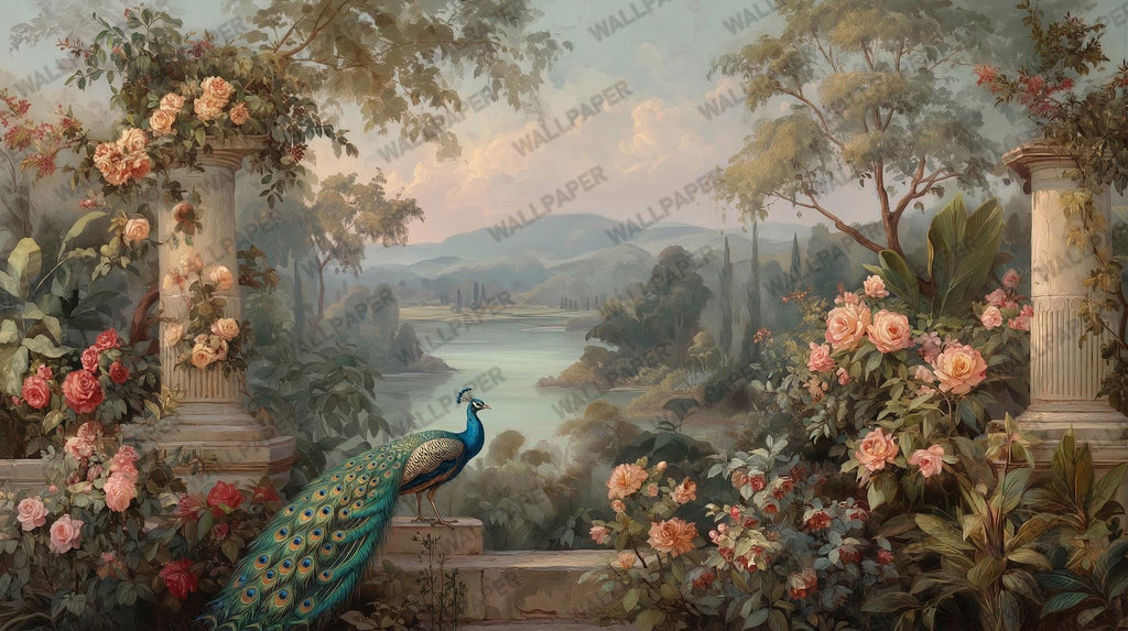 Peacock Garden Landscape Wallpaper: Vintage Floral Peel and Stick Wall Mural - View 6