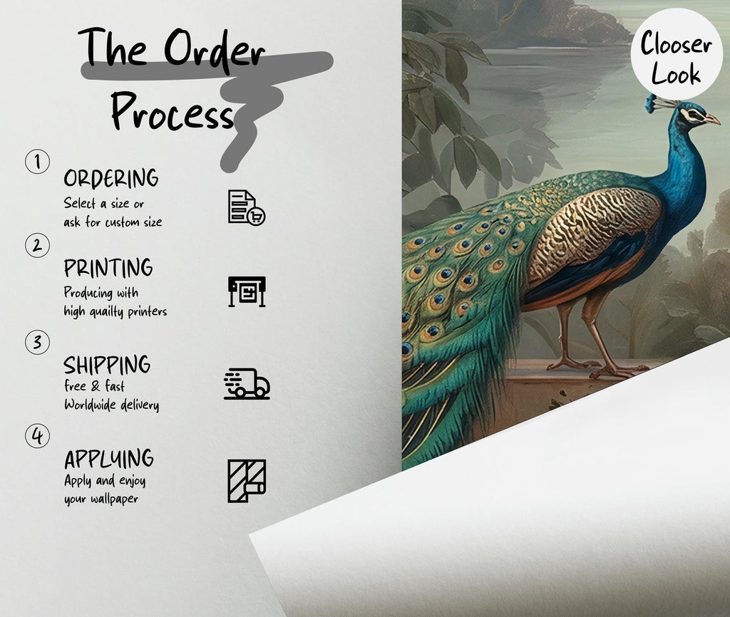 Peacock Garden Landscape Wallpaper: Vintage Floral Peel and Stick Wall Mural - View 5