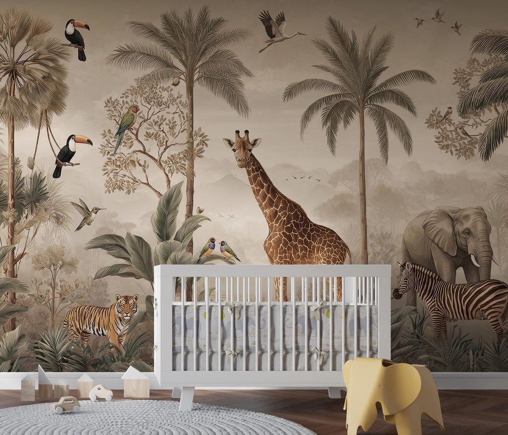 Vintage Safari Jungle Animals Wallpaper: Tropical Peel and Stick Wall Mural - View 4