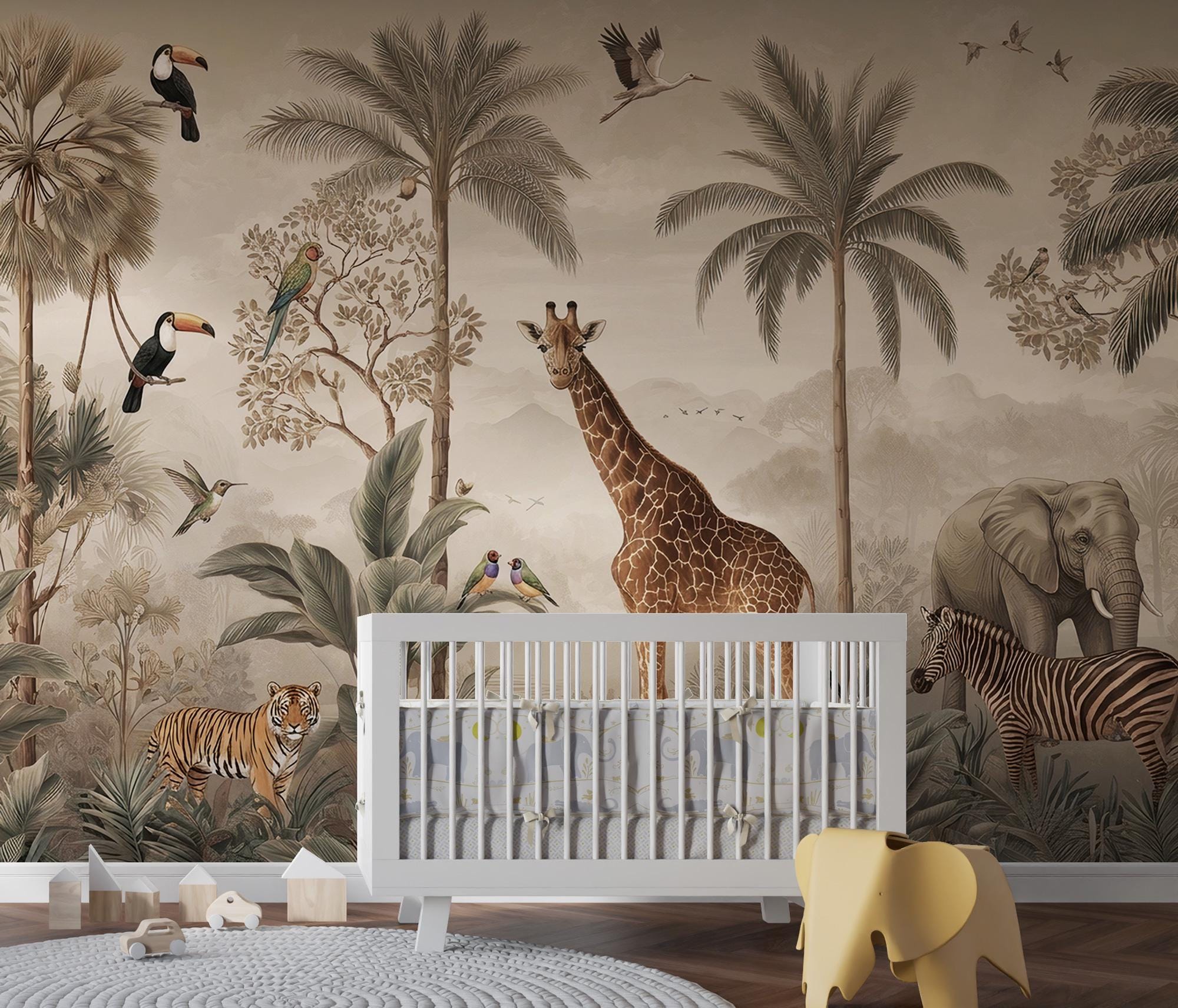 Vintage Safari Jungle Animals Wallpaper: Tropical Peel and Stick Wall Mural - View 4