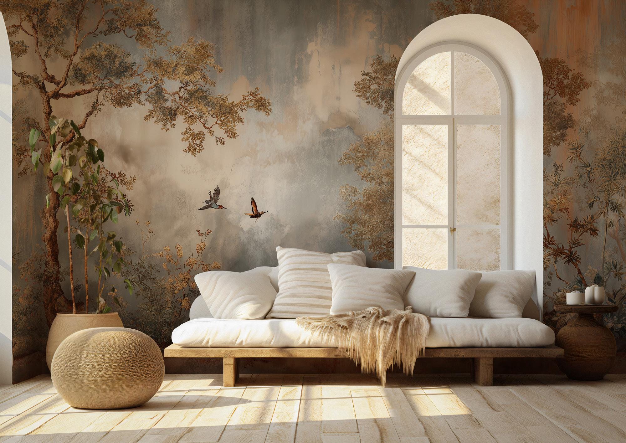 Botanical Landscape Wall Mural, Rustic Tree and Bird Wallpaper, Peel and Stick