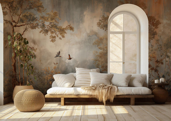 Botanical Landscape Wall Mural, Rustic Tree and Bird Wallpaper, Peel and Stick