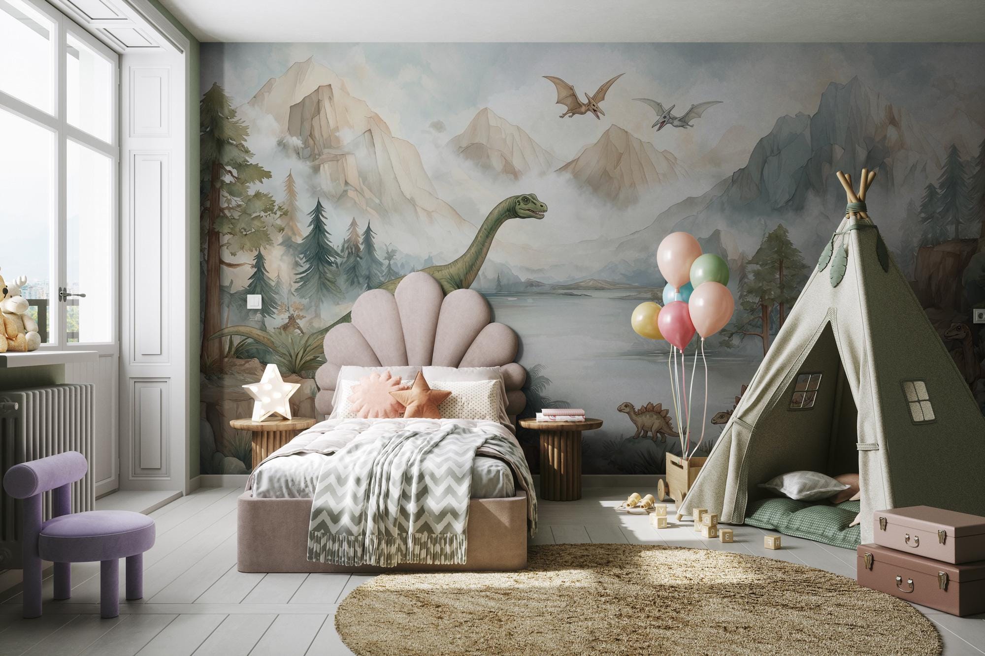 Dinosaur Nursery Wallpaper: Mountain Landscape Peel and Stick Wall Mural - View 3