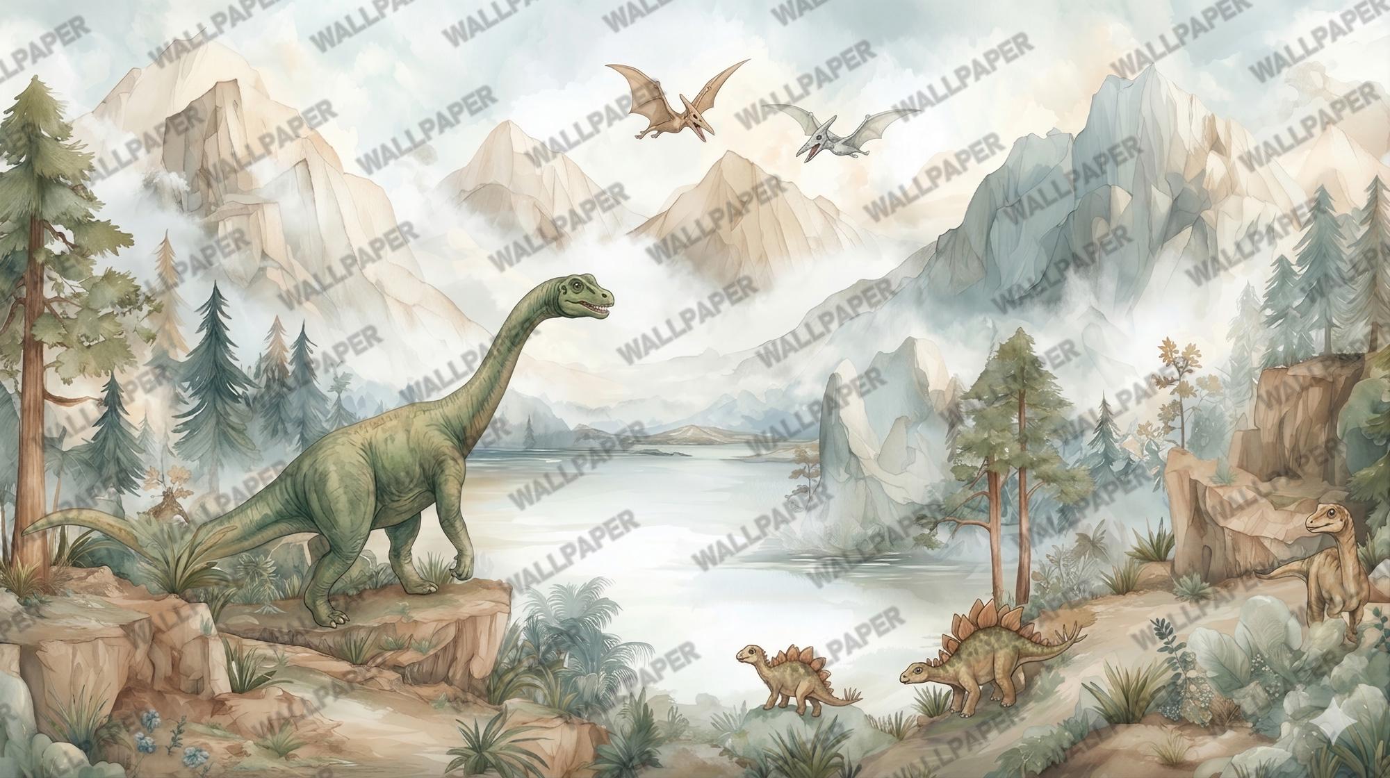 Dinosaur Nursery Wallpaper: Mountain Landscape Peel and Stick Wall Mural - View 6