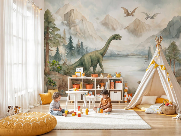 Dinosaur Nursery Wallpaper: Mountain Landscape Peel and Stick Wall Mural